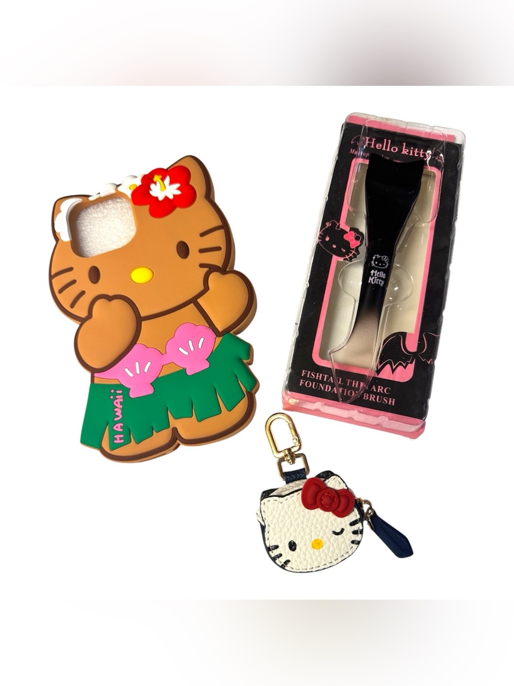 Sanrio 3 Pc Hello Kitty Bundle 13 Pro Max Hula Case AirTag Keychain Makeup Brush